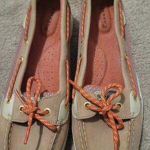 Sperry Tan and Orange Flats with Moccasin Stitching